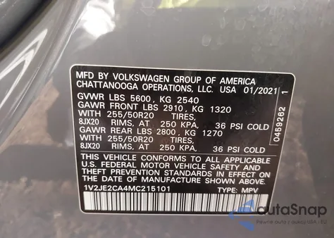 2021 Volkswagen Atlas Cross Sport 3.6L V6 Se W/Technology z USA, uszkodzony, nr VIN 1V2JE2CA4MC215101